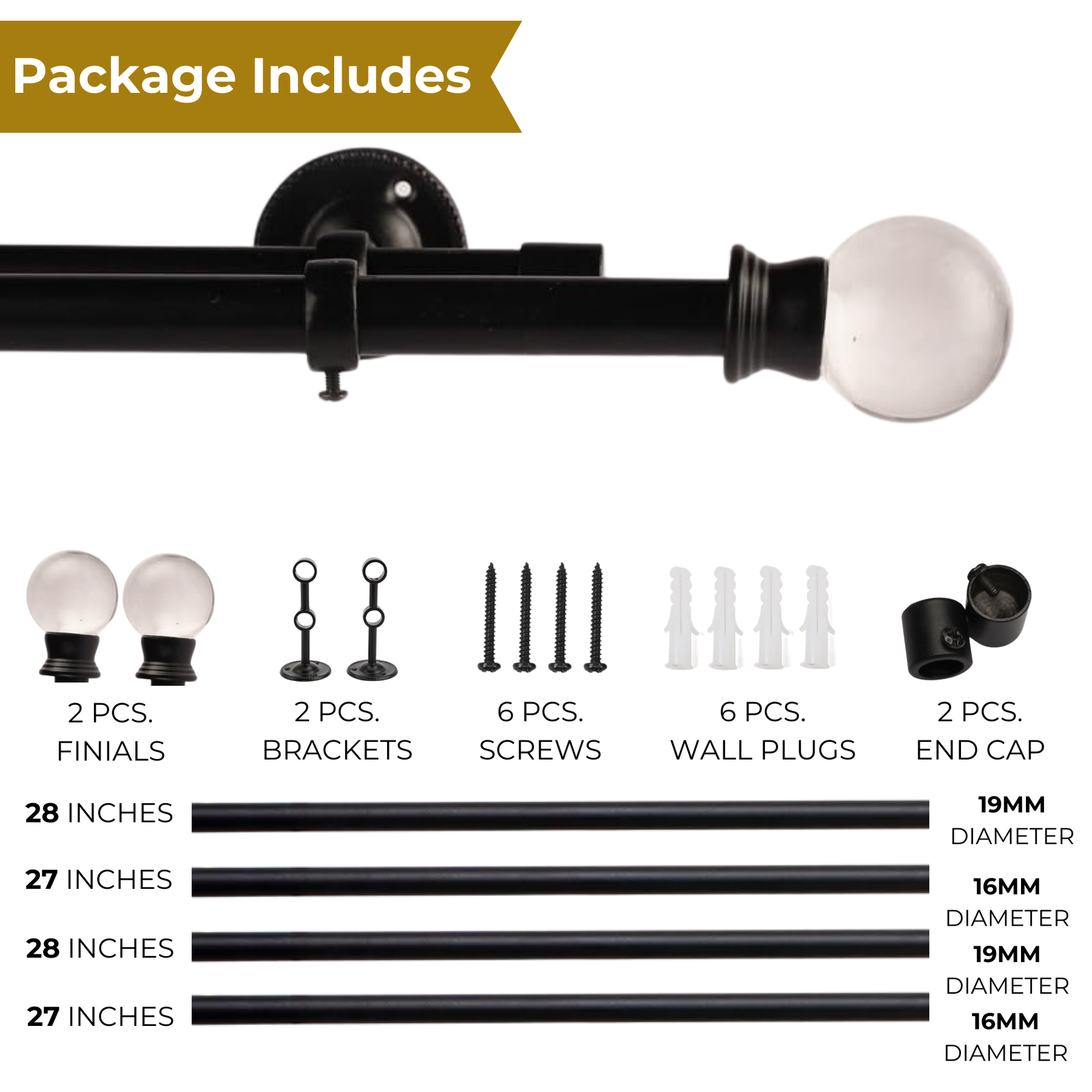 Black Extendable Double Curtain Pole with Elegant Crystal Ball Finials-4