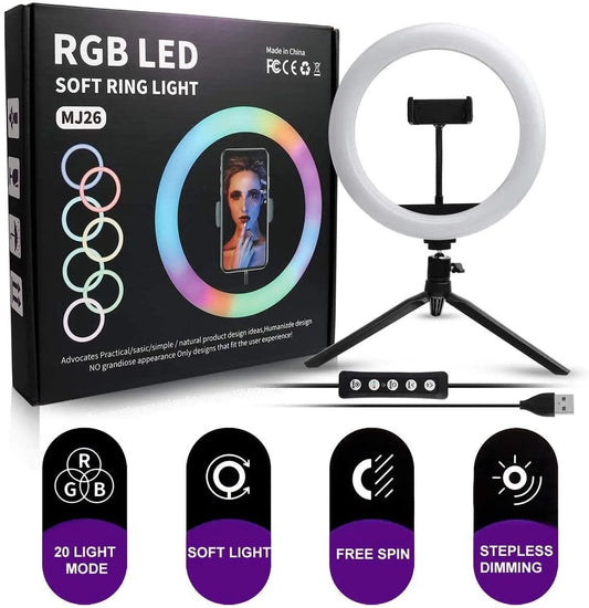 RGB LED Soft Ring Light MJ26 | 26cm (10.2”) | Dimmable with Tripod & Phone Holder, 360° Color Modes